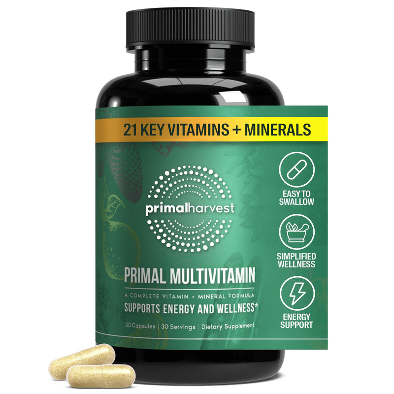 Primal Harvest Primal Multivitamin - Daily Multi-Vitamin Supplement with 21 Essential Vitamins & Minerals for Women & Men - Vitamin A, C, D, E,