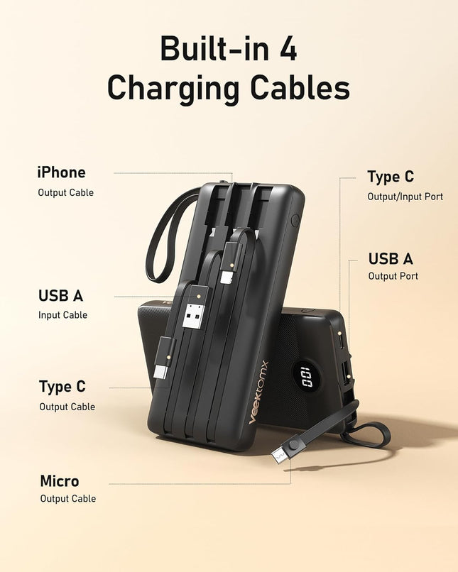 VEEKTOMX Portable Charger with Built-In Cables 10000Mah Power Bank for Iphone Slim Fast Charge USB C Battery Pack Travel