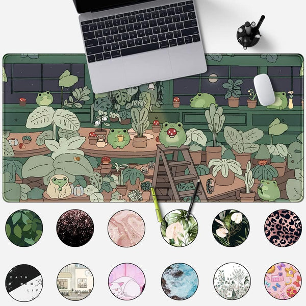 Cute Frog Kawaii Green Desk Decor Mat, Large Gaming Mouse Pad for Computer Keyboard Laptop, Home Office Accessories for Girl (31.5X15.7 In)-With