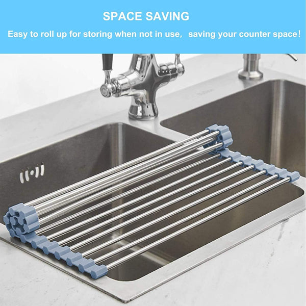 Seropy Roll up Dish Drying Rack, over the Sink Dish Drying Rack Kitchen Rolling Dish Drainer, Foldable Sink Rack Mat Stainless Steel Wire Dish
