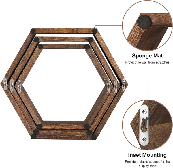 Hexagon Floating Shelves Set of 6 Farmhouse Honeycomb Wall Storage Shelf Wood Display Hexagonal Shelves Wall Mounted Hanging Rustic Shelf Racks