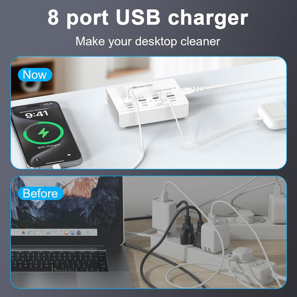 USB Charger, HITRENDS 8 Ports Charging Station 60W/12A Multi Port USB Charging Hub for Multiple Devices (5Ft Cord, White)
