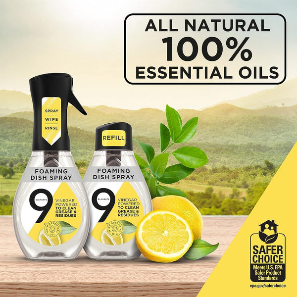 9 Elements Natural Dish Soap, Dishwashing Liquid with Lemon Essential Oils, Made with the Power of Vinegar, 1 Dish Spray Starter Kit & 3 Refills