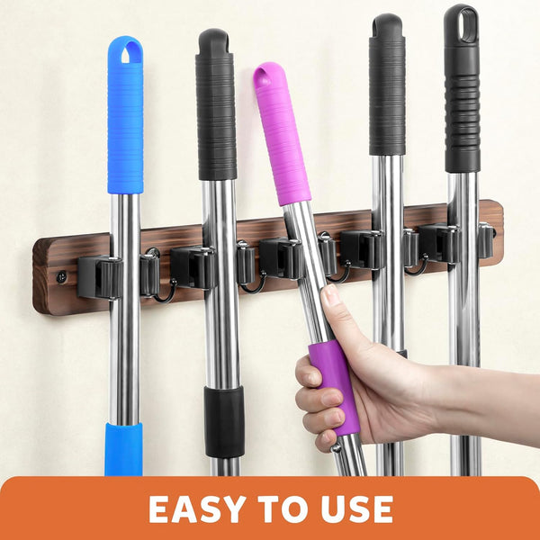 IMILLET Broom Holder Wall Mount, Rustic Wood Broom Hanger with 5 Racks and 4 Hooks, Laundry Room Organization and Storage, Mop Holder for Home