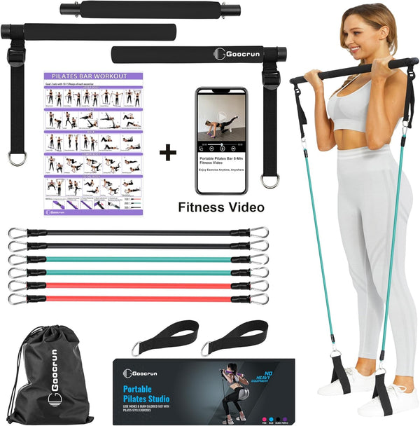 Portable Pilates Bar Kit with Resistance Bands for Men and Women - 3 Set Exercise Resistance Bands - Multifunctional Home Gym - Supports Full-Body
