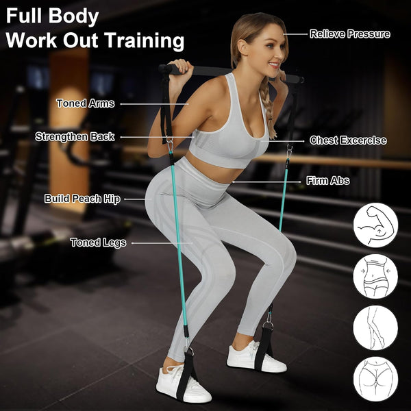 Portable Pilates Bar Kit with Resistance Bands for Men and Women - 3 Set Exercise Resistance Bands - Multifunctional Home Gym - Supports Full-Body