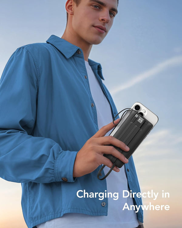 VRURC Portable Charger with Built in Cables, 10000Mah Travel Essentials Power Bank, 5 Output 2 Input LED Display External Battery Pack Compatible
