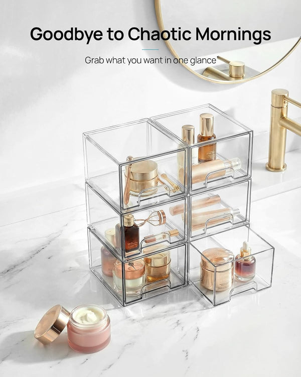 Vtopmart 4 Pack Clear Stackable Storage Drawers, 4.4'' Tall Acrylic Bathroom Makeup Organizer,Plastic Storage Bins for Vanity, Undersink, Kitchen