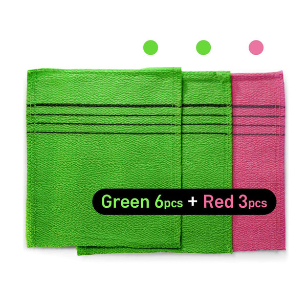 9Pcs Genuine Korean/Asian Exfoliating Bath Washcloth, Skin Massage (Green 6Pcs, Red 3Pcs) Genuine Korean Italy Towel, Removing Dry, Dead Skin