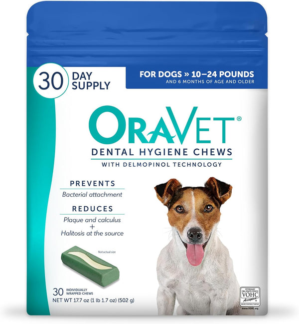 ORAVET Dental Chews for Dogs, Oral Care and Hygiene Chews (Small Dogs, 10-24 Lbs.) Blue Pouch, 30 Count