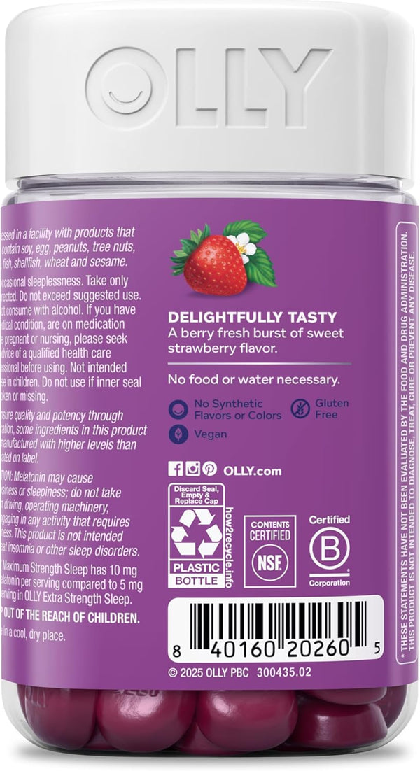 OLLY Max Strength Sleep Gummy, 10Mg Melatonin, L-Theanine, Chamomile, Lemon Balm, Sugar Free, Vegetarian Sleep Aid, Strawberry - 70 Count