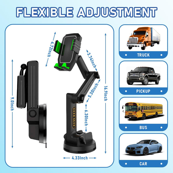Heavy Duty Phone Holder - Long Arm, Anti-Shake Suction Cup, Compatible with All Phones & Vehicles