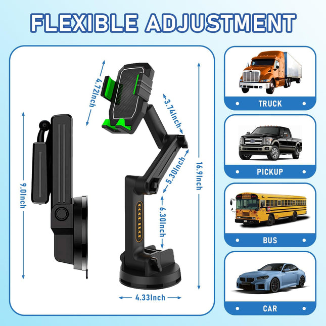 Heavy Duty Phone Holder - Long Arm, Anti-Shake Suction Cup, Compatible with All Phones & Vehicles