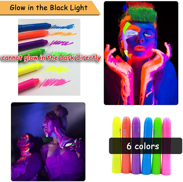 6 Pcs Glow in the Light Body Face Paint, Face Painting Kit, UV Crayon Kit Fluorescent Body Paints for Adults for Birthday Party Halloween