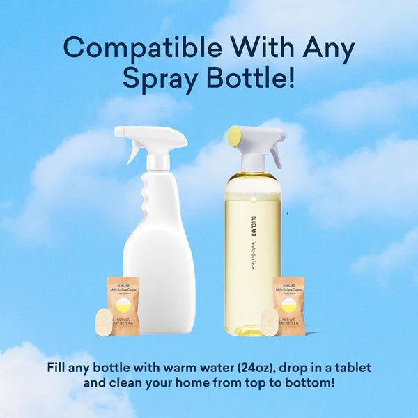 BLUELAND Multi-Surface Cleaner, Starter Set, Fresh Lemon Scent, Spray Bottle with 4 Refill Tablets, All-Purpose, Eco-Friendly Cleaning Supplies, 4