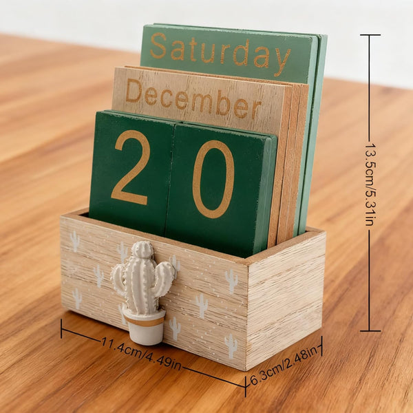 Notakia Perpetual Calendar, Wooden Calendar for Home Office Desk Accessories Vintage Wood Block Calendar(Green) Green cactus