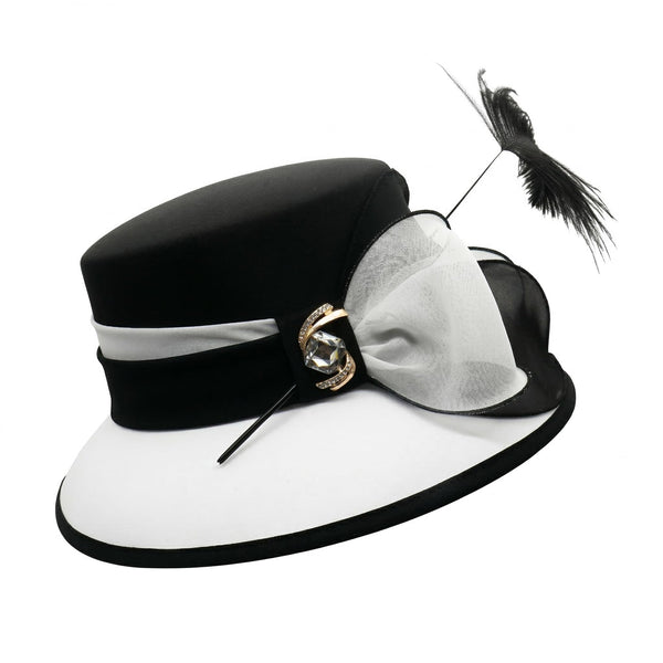 June'S Young Women Church Hats Formal Dress Derby Hats with Feather Elegant Bucket Hats (Black/White)