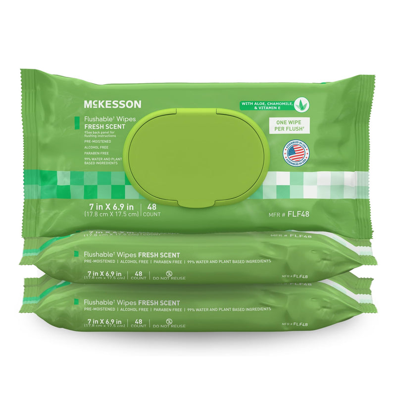 Mckesson Flushable* Adult Wet Wipes â 144 Wipes (3 Pack of 48) â Aloe & Vitamin E, Plant-Based Cleansing Wipes, Scented