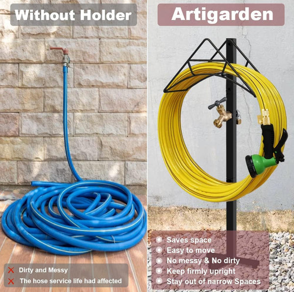 Outdoor Hose Holder Stand with Brass Spigot Faucet - Freestanding Metal Water Pipe Extension Hanger Stake Heavy Duty Storage Organizer for Garden