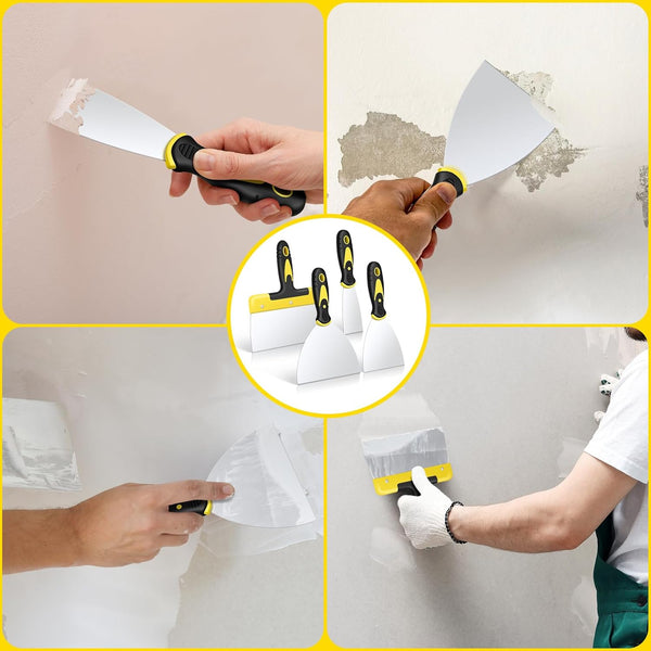Dekeones Putty Knife Set, 4PCS Stainless Steel Scraper Paint Tool with Comfortable Grip for Drywall Repair, Wallpaper Removal and Plaster