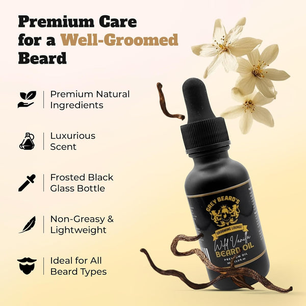 Grey Beard'S Grooming Lounge - Wild Vanilla Beard Oil for Men -Eliminates Itch & Dandruff - Deep Conditioning with Jojoba, Argan & Grapeseed Oils