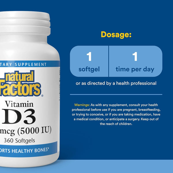 Natural Factors, Vitamin D3 5000 IU (125 Mcg), Supports Strong Bones, Muscles and Immune Function, 360 Softgels