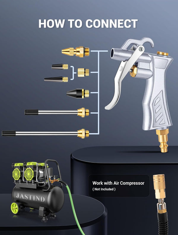 JASTIND Industrial Air Blow Gun with Brass Adjustable Air Flow Nozzle and 2 Steel Extension, Pneumatic Air Compressor Accessory Tool Dust Cleaning
