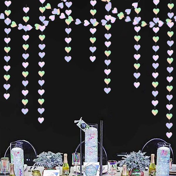 Iridescent Disco-Holographic Heart Garland - 52Ft Wedding Hanging Decoration Neon Streamers Banner, Perfect for Bridal Shower, Birthday, Baby