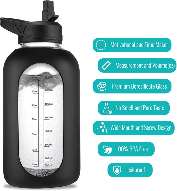 64 Oz Glass Water Bottle with Straw and Handle, Half Gallon Sports Motivational Water Jug Flask with Silicone Sleeve, Large Water Cup with Time