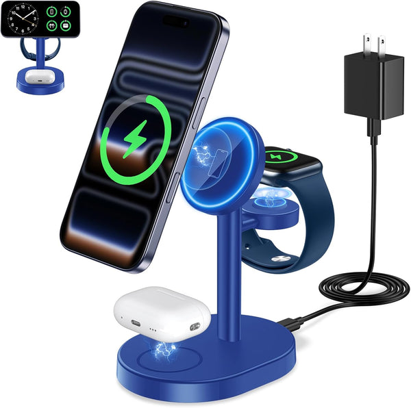 3 in 1 Wireless Charging Station for Apple Magsafe Charger, 15W Fast Qi-Certified Magnetic Mag-Safe Charger Stand for Iphone 16 15 14 13 12 Apple