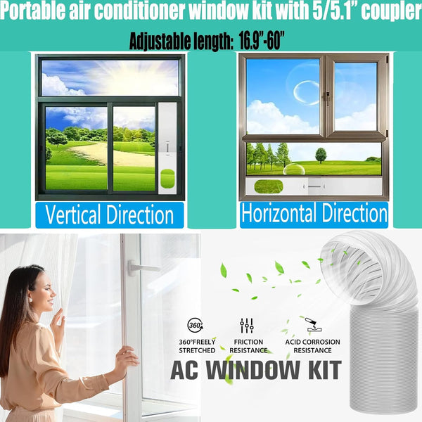 Portable Air Conditioner Window Vent Kit with Exhaust Hose 5.1 Inch Diameter, Adjustable 59 Inch Length Exhaust Hose for AC Seal Plate with