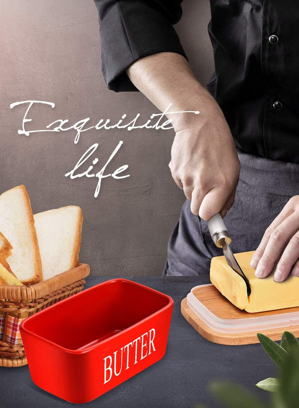 AISBUGUR Large Butter Dish with Lid Ceramics Butter Keeper Container with Knife and High- Quality Silicone Sealing Butter Dishes with Covers Good