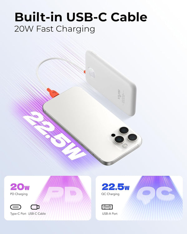 Slim Portable Charger 10000Mah, Travel Power Bank with Built-In USB-C Cable & LED Display, 22.5W Fast Charging Battery Pack Compatible with Iphone