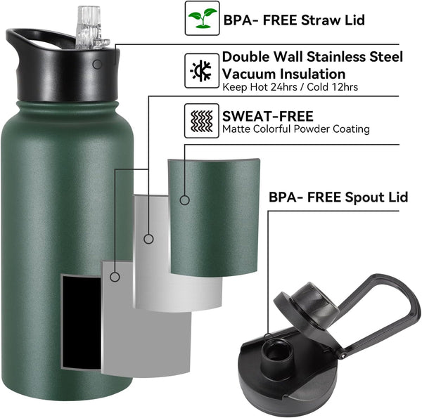 32 Oz Insulated Water Bottle Bulk 4 Pack, Stainless Steel Sports Water Bottles with Straw Lid & Wide Mouth Lids, Double Walled Vacuum, Leak Proof,