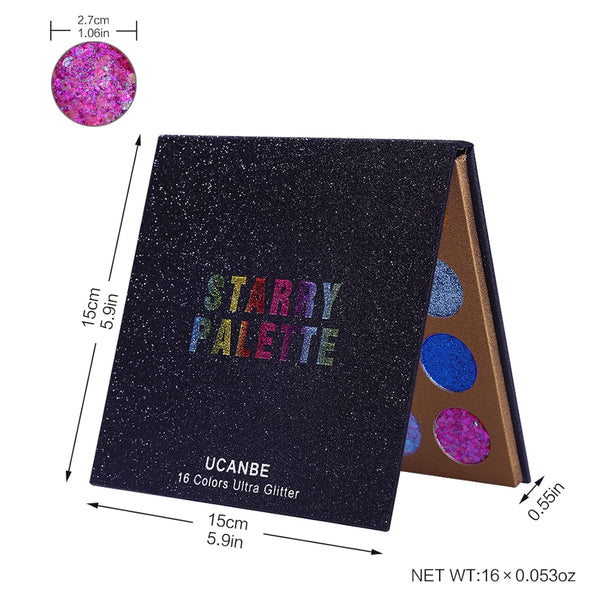 UCANBE Pro Glitter Eyeshadow Palette - Professional 16 Colors - Chunky & Fine Pressed Glitter Eye Shadow Powder Makeup Pallet Highly Pigmented