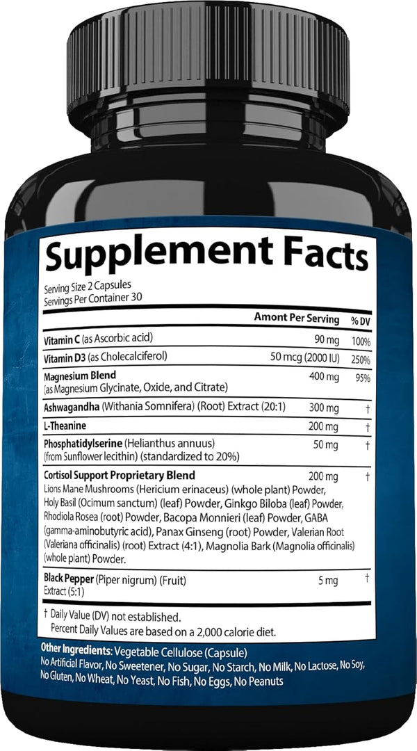 Cortisol Supplements for Women and Men with Magnesium, Ashwagandha & L-Theanine. High Cortisol Reducer, Manager, Detox, Lower and Control. Sleep
