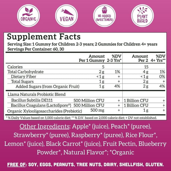 Llama Naturals Kids Probiotic with Prebiotic Fiber, Vegan, Organic Prebiotics and Probiotics Gummies for Gut Health Support, Toddler Real Fruit