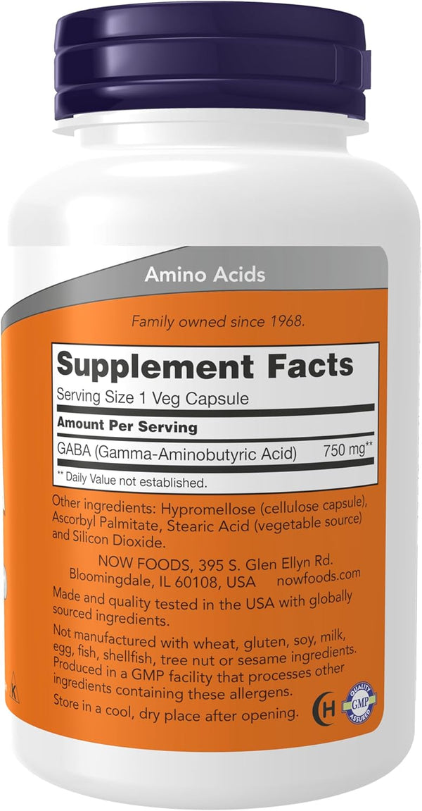 NOW Foods Supplements, GABA (Gamma-Aminobutyric Acid) 750Mg, Neurotransmitter Support*, 100 Veg Capsules