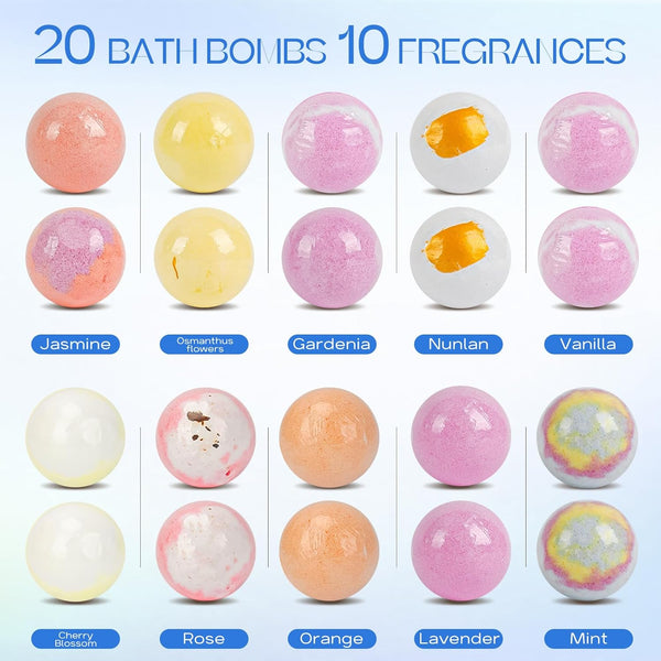 Bath Bombs 20 PCS Set, Organic Bath Bombs with Natural and Safe Essential Oil, Handmade Rich Bubble for Skin Moisturizing, Present for Her/Him,