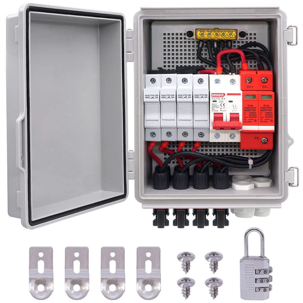 Mankk 4 String PV Combiner Box IP65 Waterproof Solar Combiner Box with 63A Circuit Breaker Lightning Arreste Solar Connector and 15A Rated Current