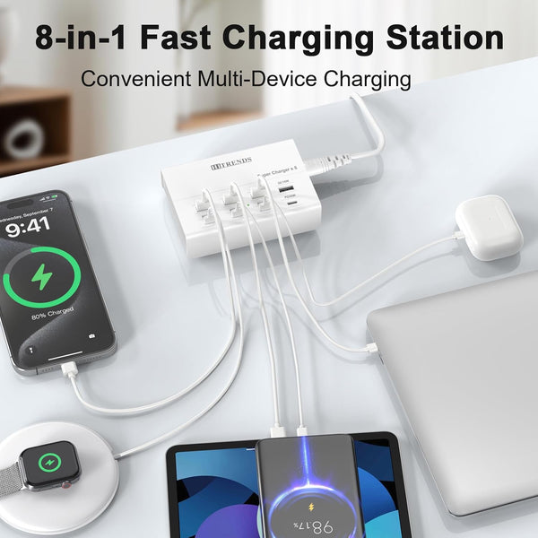 USB Charger, HITRENDS 8 Ports Charging Station 60W/12A Multi Port USB Charging Hub for Multiple Devices (5Ft Cord, White)