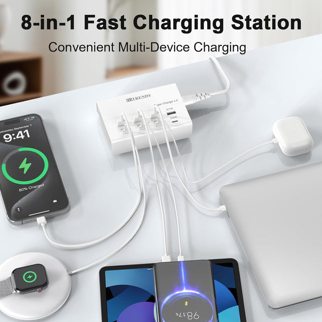 USB Charger, HITRENDS 8 Ports Charging Station 60W/12A Multi Port USB Charging Hub for Multiple Devices (5Ft Cord, White