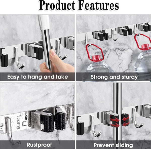 Acemining 5 Racks and 4 Hooks Mop and Broom Holder Wall Mount, Broom Organizer Storage Tool Racks Stainless Steel Heavy Duty Hooks Self Adhesive