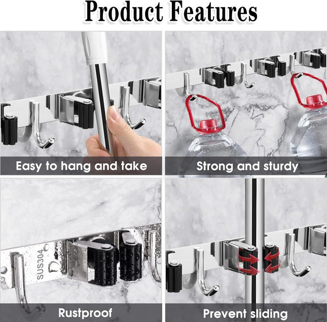 Acemining 5 Racks and 4 Hooks Mop and Broom Holder Wall Mount, Broom Organizer Storage Tool Racks Stainless Steel Heavy 