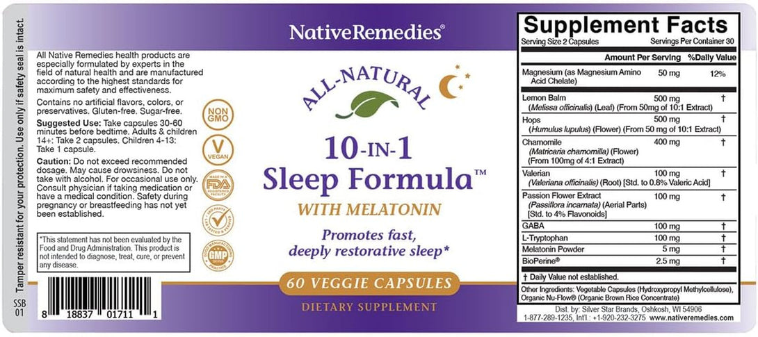 Native Remedies 10-In-1 Formula Natural Sleep Aid for Adults & Kids 4+ - Sleep Supplement with Melatonin 5Mg, Magnesium, Valerian Root, Chamomile – Sleeping Aid Support, Non-Gmo, Vegan - 60 Capsules