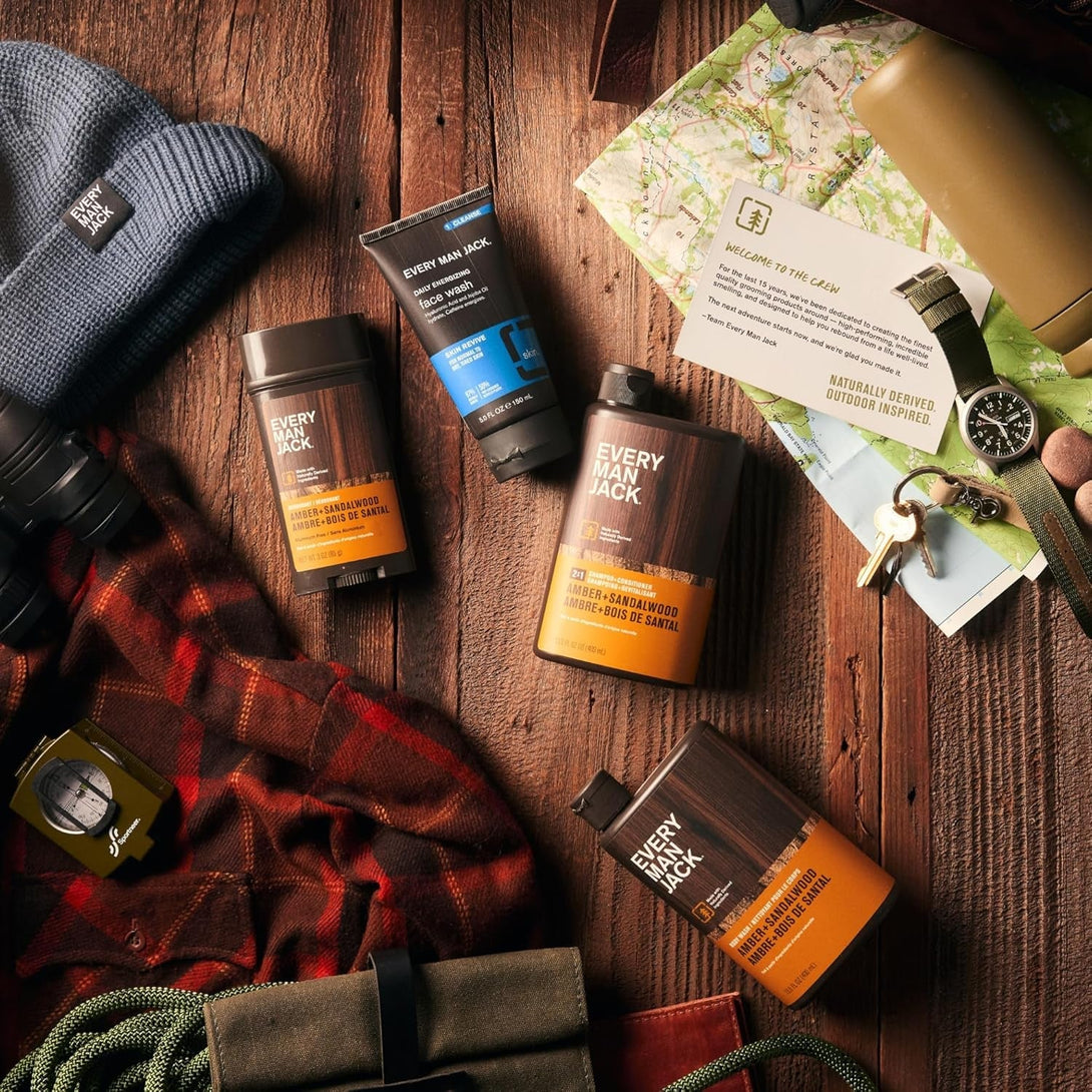 Every Man Jack Men’S Amber + Sandalwood Bath and Body Gift Set - Clean Ingredients & Sandalwood, Amber, and Vetiver Scent - round Out His Routine with Body Wash, 2-In-1 Shampoo, Deodorant & Face Wash