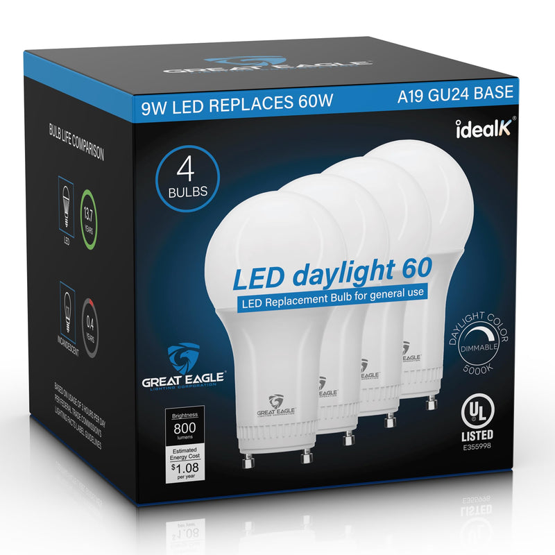 Great Eagle GU24 Led Bulb - A19 Shape, 9W (60W Equivalent), Dimmable, 5000K Daylight, UL Listed, Twist-In Light Bulb, 2 Prong Light Bulbs (4-Pack)