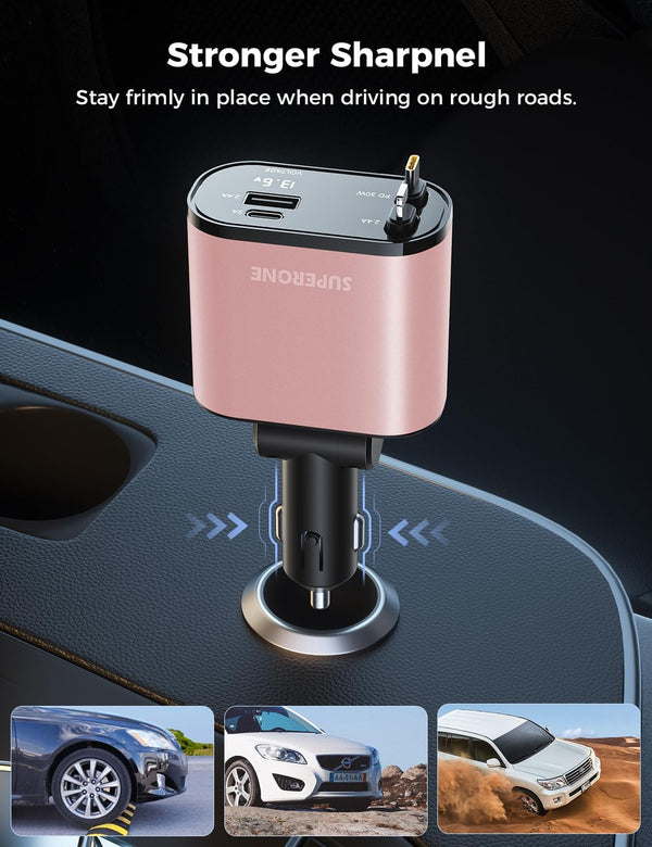 ?Upgraded? SUPERONE Retractable Car Charger 4 in 1, Fast Car Phone Charger with Cord 2.6Ft, USB C Car Charger Adapter, Compatible with Iphone