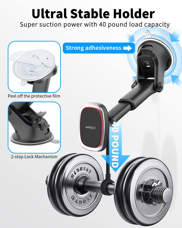 Apps2Car Magnetic Phone Mount, Dashboard Windshield Suction Cup Car Phone Holder Phone Mount with 6 Strong Magnets, Adjustable Telescopic Arm,