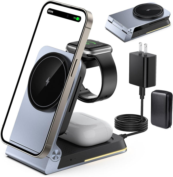 Aluminum 3 in 1 Wireless Charging Station,Foldable Wireless Charger for Apple Magsafe with Light,Portable Travel Magnetic Charger Stand for Iphone